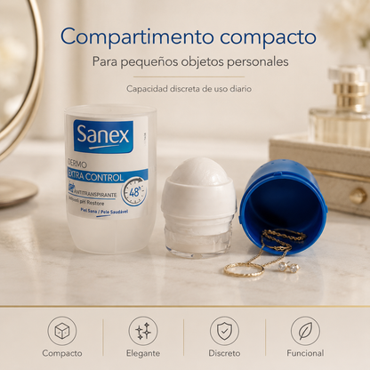 Compartimento secreto en desodorante premium para objetos pequeños