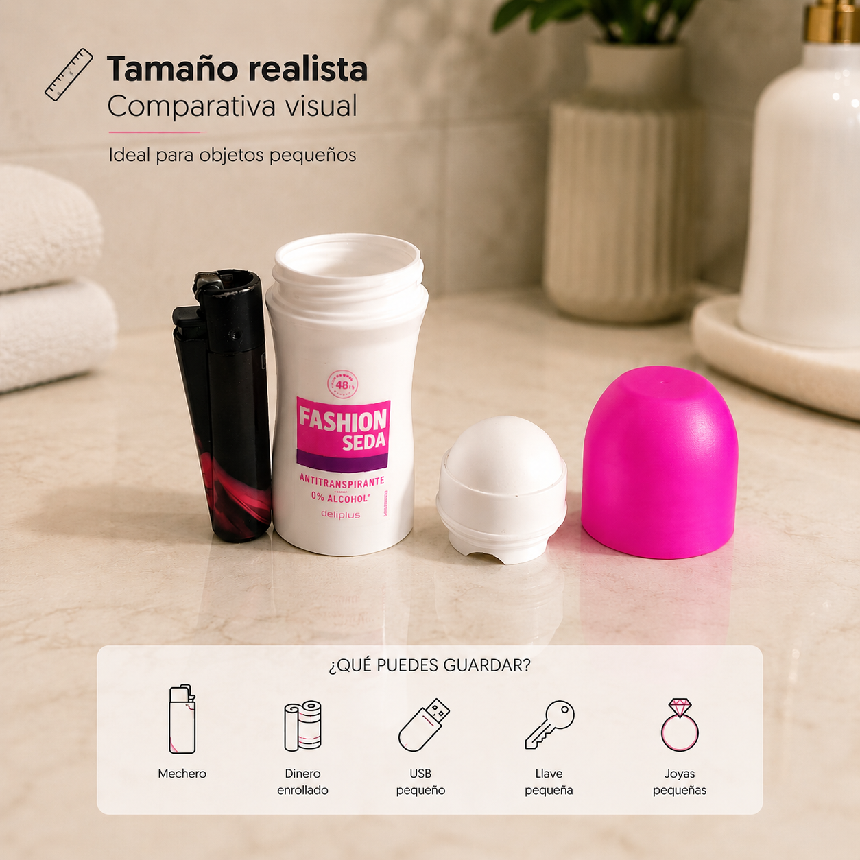 Compartimento oculto en desodorante roll-on para dinero y joyas pequeñas
