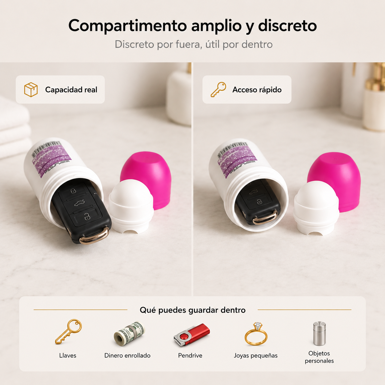 Desodorante roll-on discreto con espacio secreto para objetos de valor